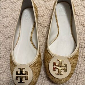 Tory Burch Tan Woven Flats with Gold Emblem